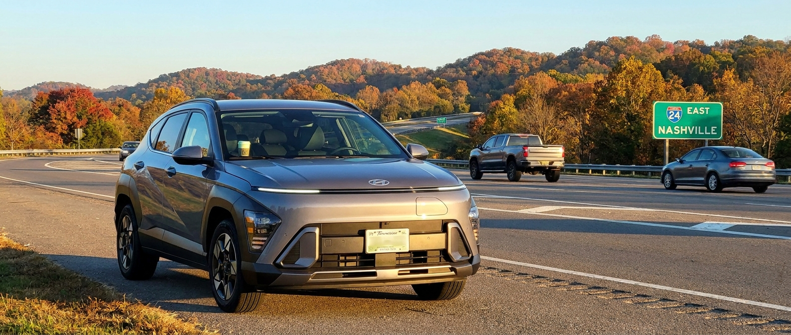 2025 Hyundai Kona Electric parked near an I-24 on-ramp in Middle Tennessee for a Smyrna commuter