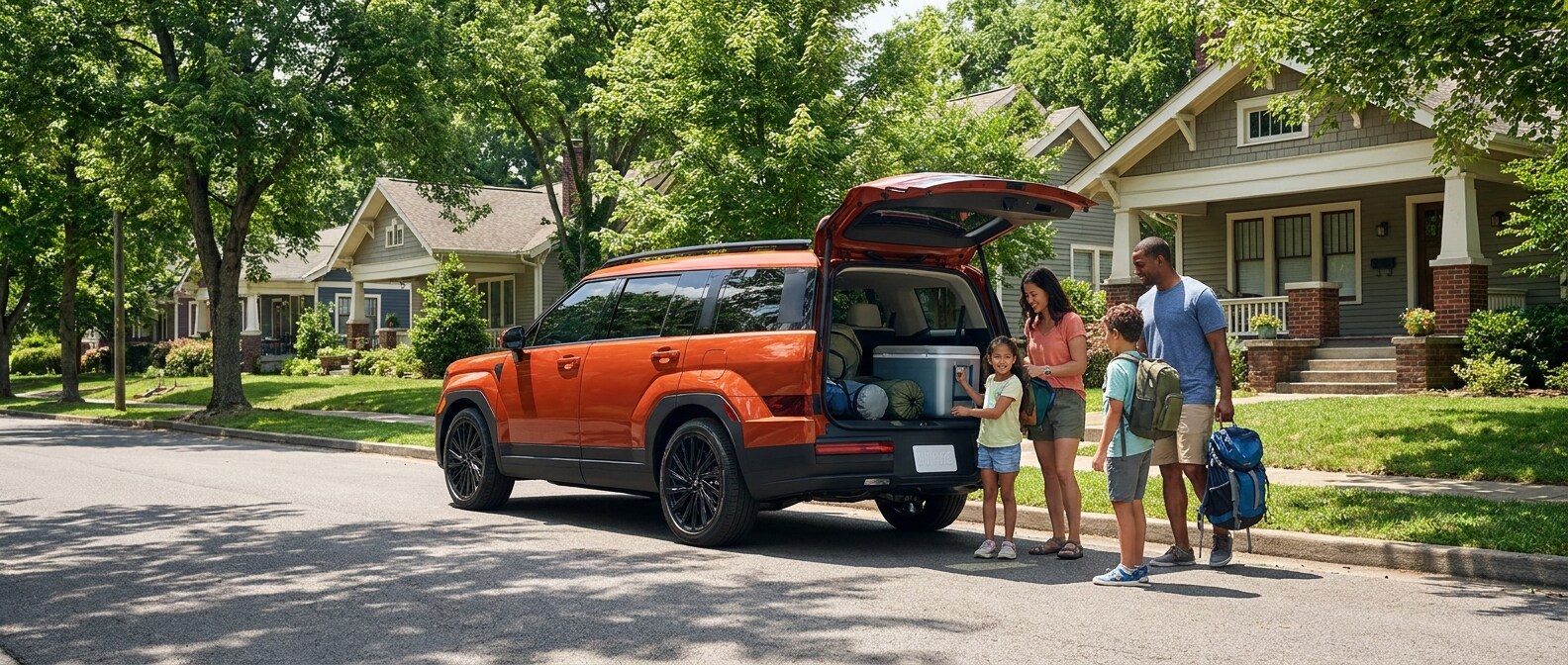 2026 Hyundai Santa Fe with tailgate open in a South Nashville neighborhood on Nolensville Pike corridor
