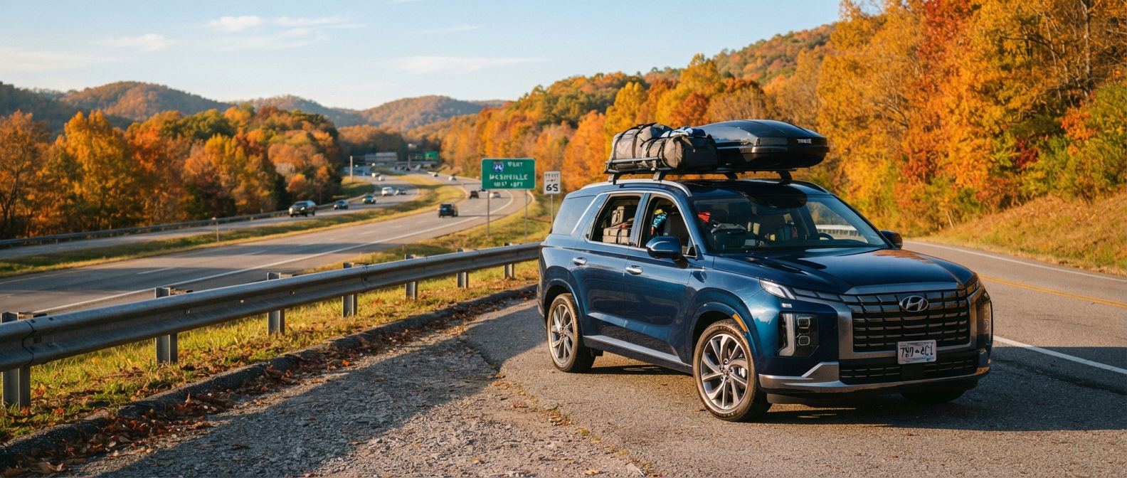 2026 Hyundai Palisade packed for a Thanksgiving road trip from Nashville on a Tennessee interstate