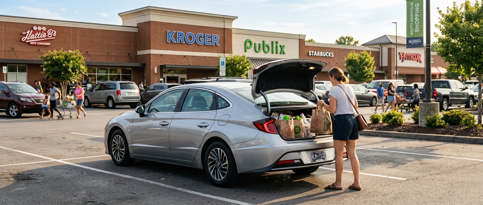 2026 Hyundai Sonata Hybrid in a silver or deep navy finish, trunk open and loaded with grocery bags, parked outside a busy South Nashville shopping center, warm August afternoon light