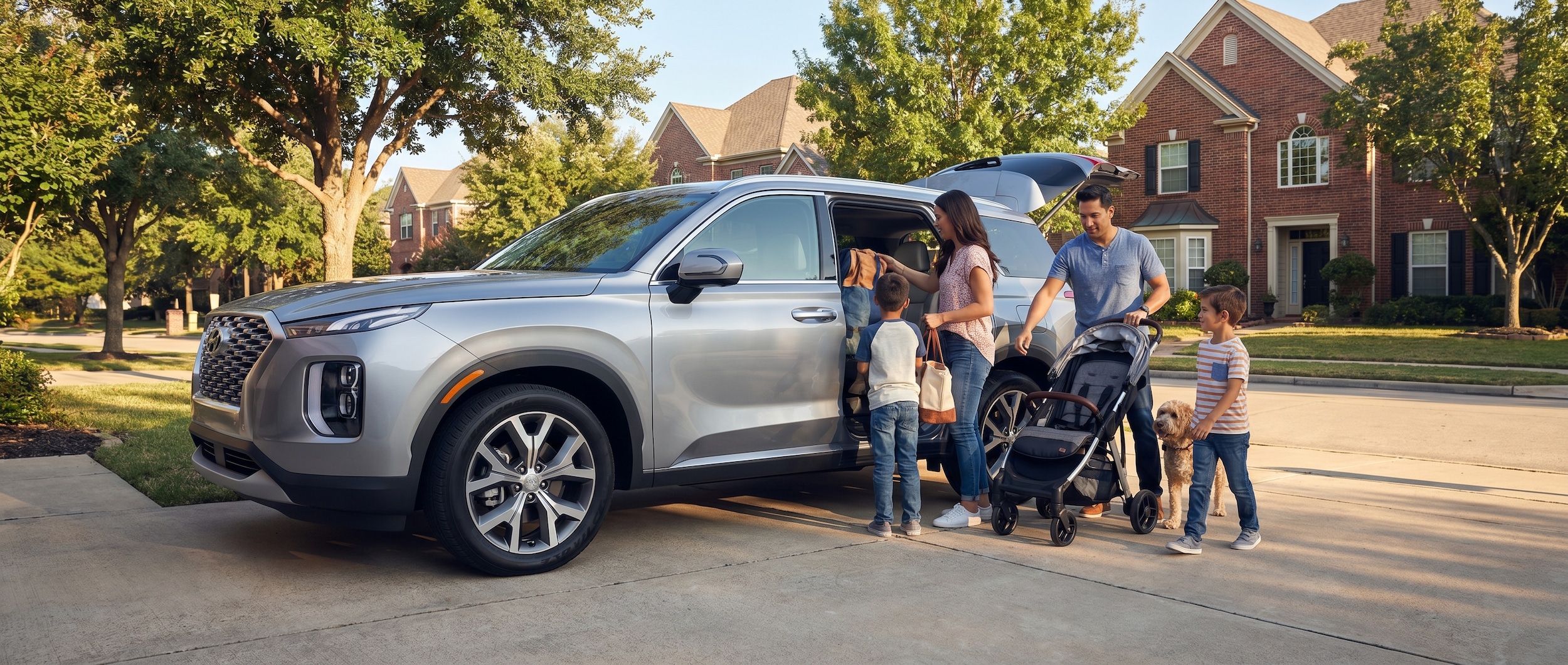 A family loading into a silver Hyundai Palisade in a suburban driveway on a sunny Tennessee afternoon, with tree-lined streets visible in the background, capturing the warmth and practicality of everyday family life.