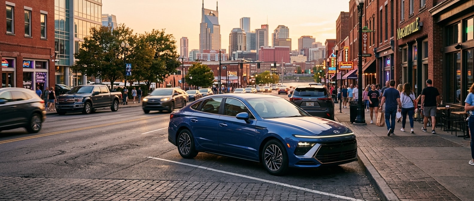 2026 Hyundai Sonata sedan on a Nashville street with city skyline in background