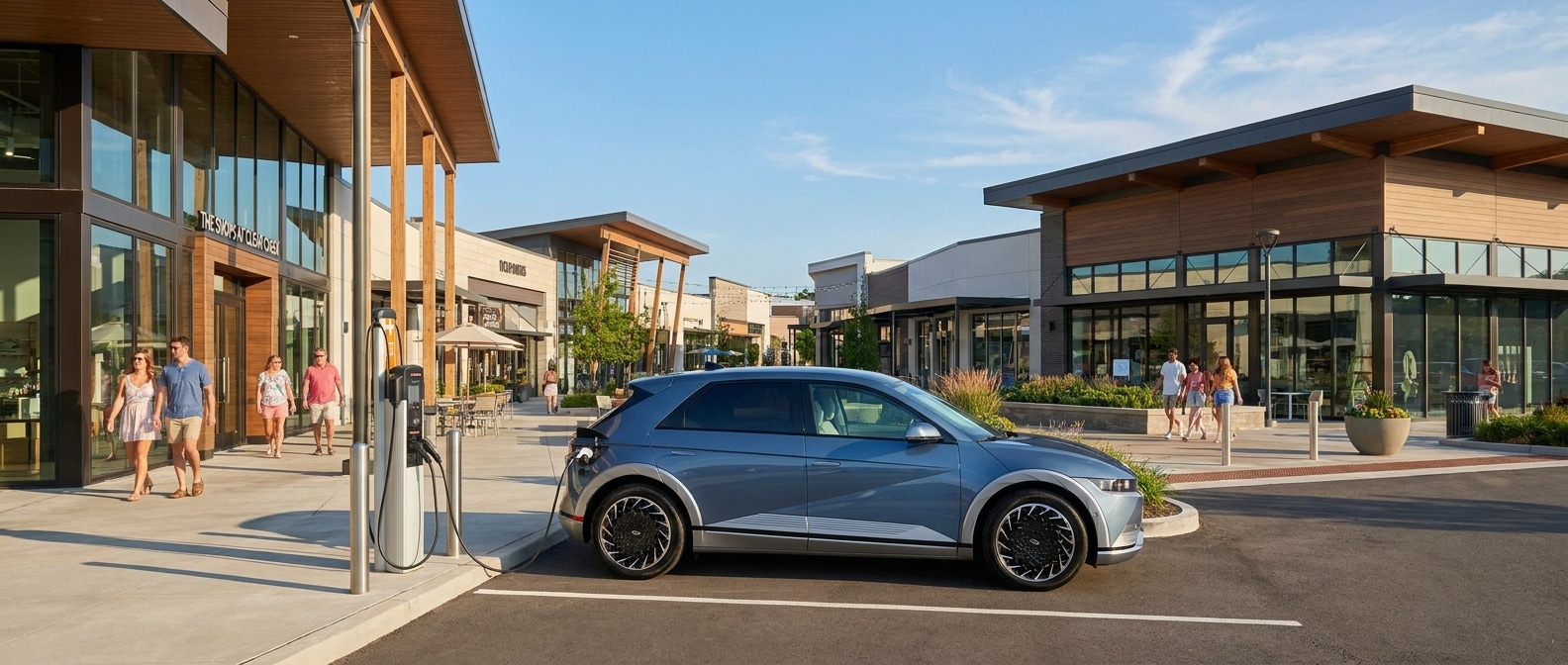 2026 Hyundai IONIQ 5 in Cosmic Blue Pearl parked in front of a modern open-air shopping outlet center in a warm summer setting, with EV charging station visible in the foreground and a clear Tennessee sky overhead