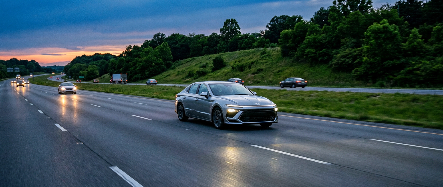 A 2026 Hyundai Sonata sedan in silver or white, photographed on a wide Tennessee interstate at dusk with light traffic and green summer foliage visible on the roadside embankments, conveying a confident highway commute feel