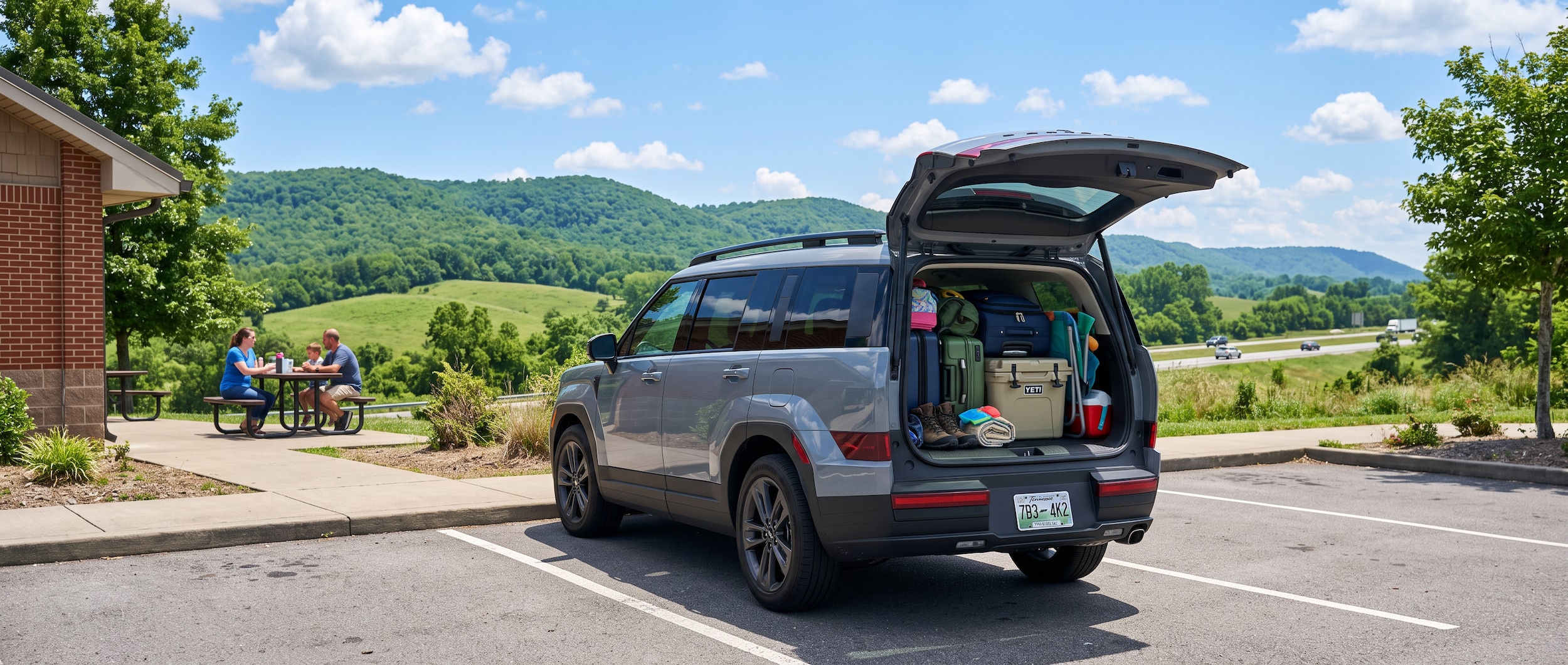 A 2026 Hyundai Santa Fe in a modern exterior color parked at a Tennessee rest stop along I-40 on a bright summer day, with green rolling hills and a clear blue sky in the background, rear liftgate open to reveal a loaded cargo area with family gear