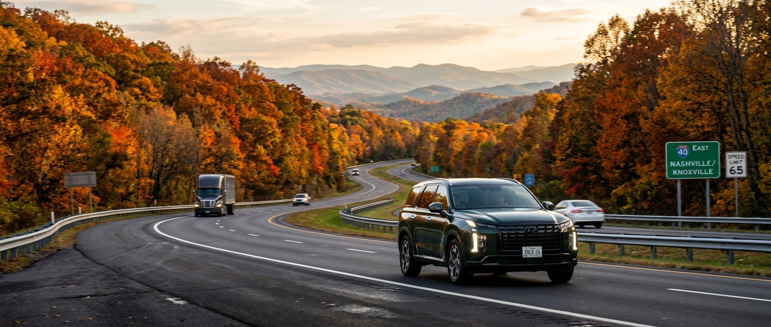 2026 Hyundai Palisade driving I-40 East through the Cumberland Plateau in fall toward Knoxville, Tennessee