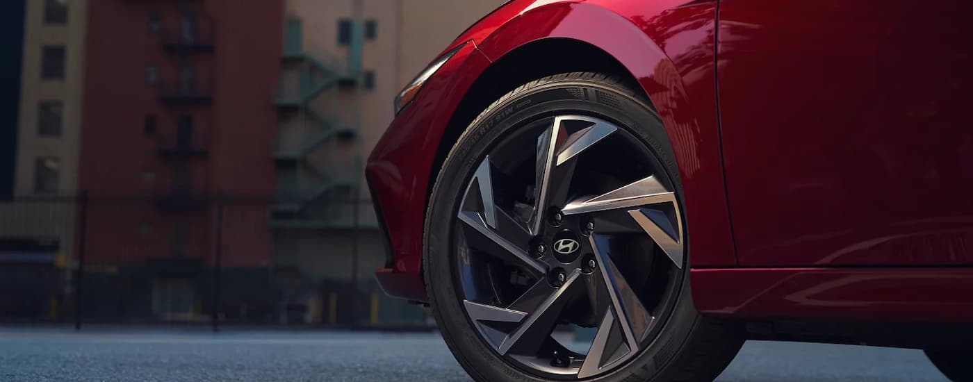 Side and rim of a red 2025 Hyundai Elantra