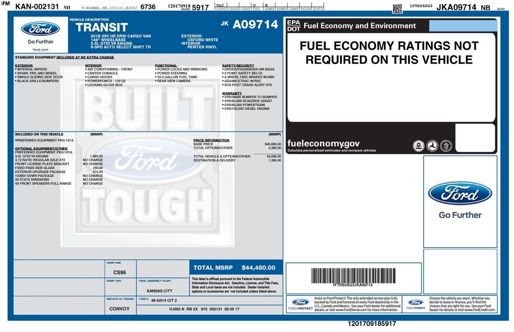 Used 2018 Ford Transit-350 Base w/Sliding Pass-Side Cargo Door & 10,360 lb. GVWR Van High Roof HD Ext. Cargo Van