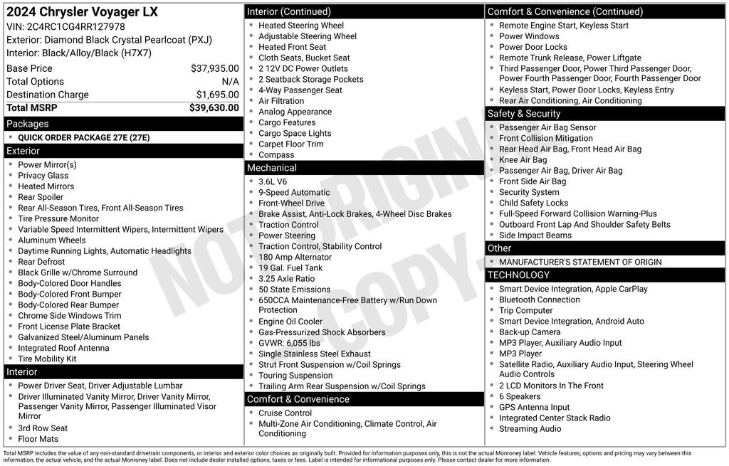 Used 2024 Chrysler Voyager LX Van Passenger Van