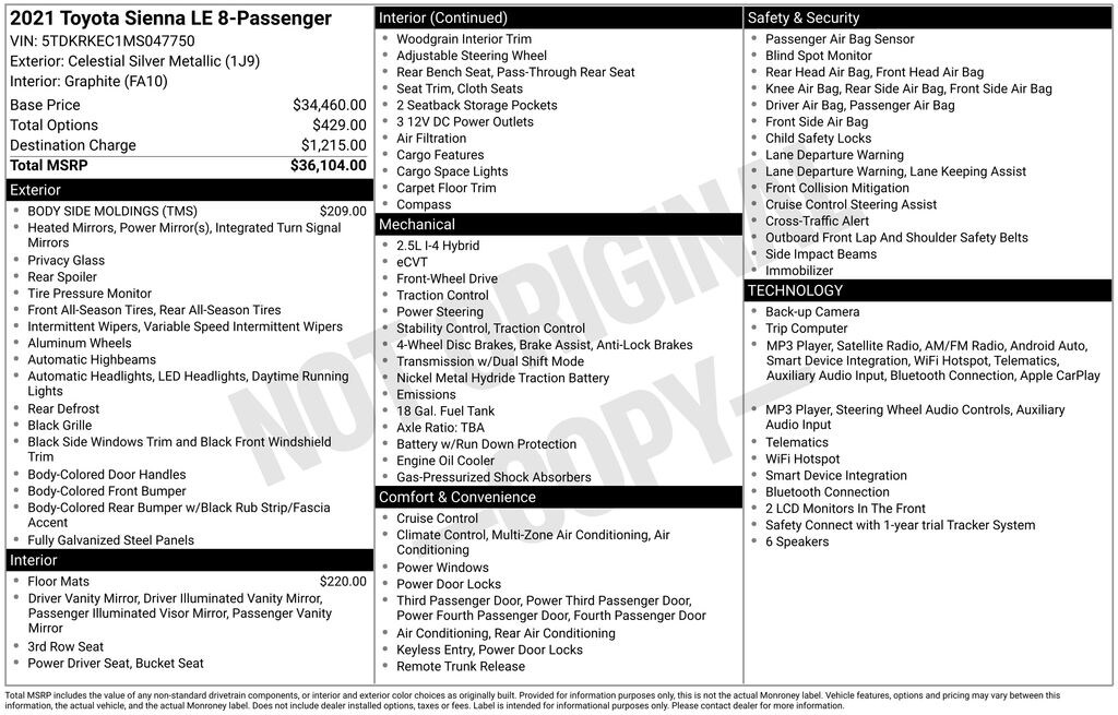 Used 2021 Toyota Sienna LE 8 Passenger Van