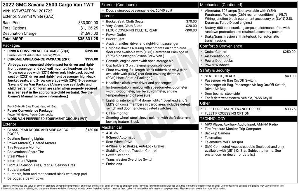 Used 2022 GMC Savana 2500 Work Van Van Cargo Van