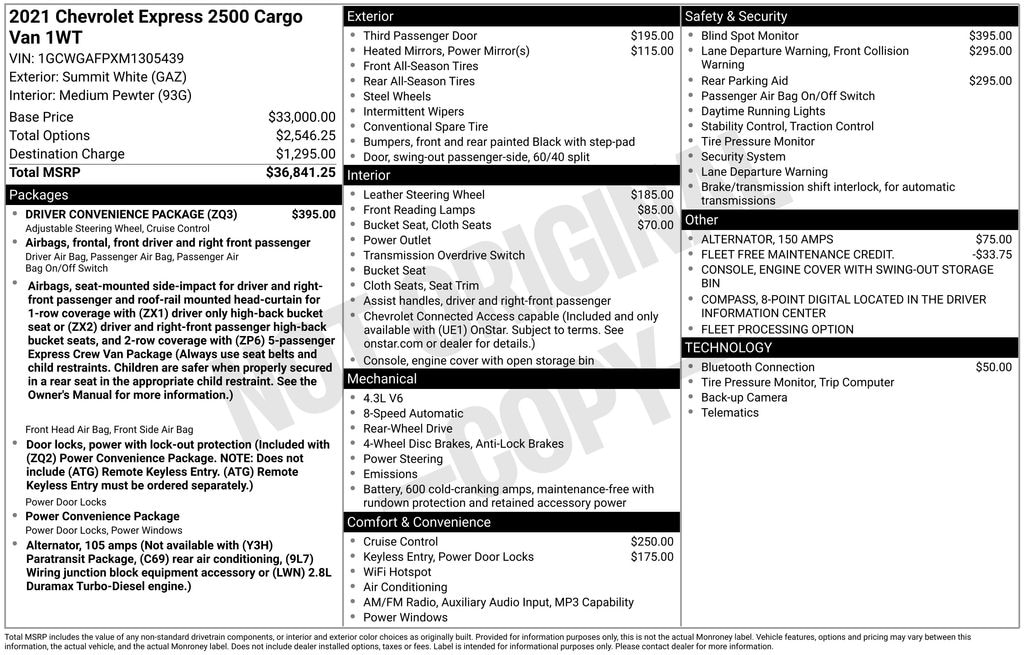 Used 2021 Chevrolet Express 2500 Work Van Van Cargo Van