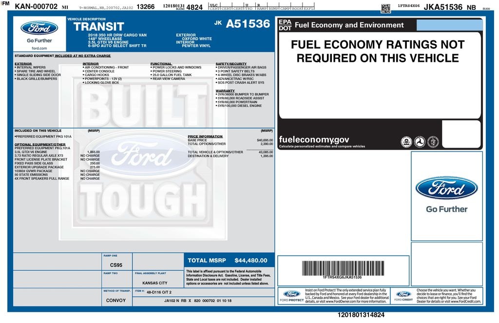 Used 2018 Ford Transit-350 Base w/Sliding Pass-Side Cargo Door & 10,360 lb. GVWR Van High Roof HD Ext. Cargo Van