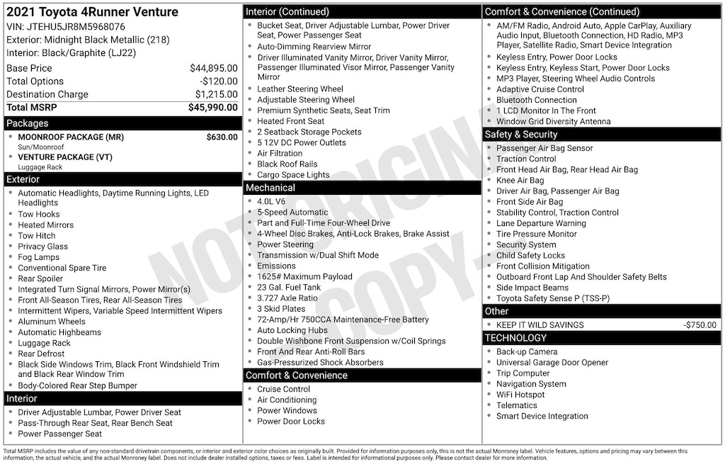 Used 2021 Toyota 4Runner Venture SUV