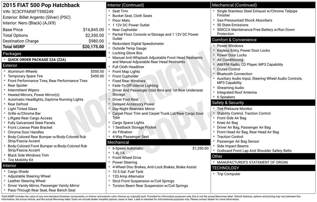 Used 2015 FIAT 500 Pop Hatchback