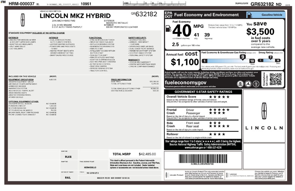 Used 2016 Lincoln MKZ Hybrid Base Sedan