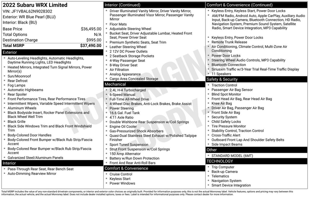 Used 2022 Subaru WRX Limited Sedan