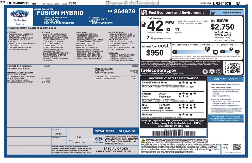 Used 2020 Ford Fusion Hybrid SE Sedan