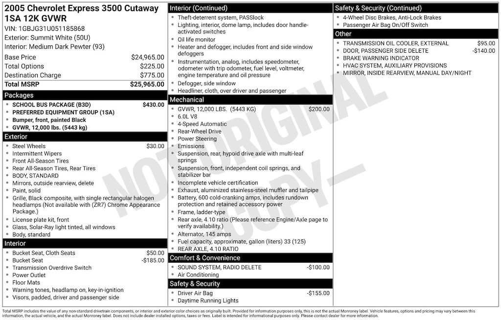 Used 2005 Chevrolet Express Van G3500 Base Cab/Chassis