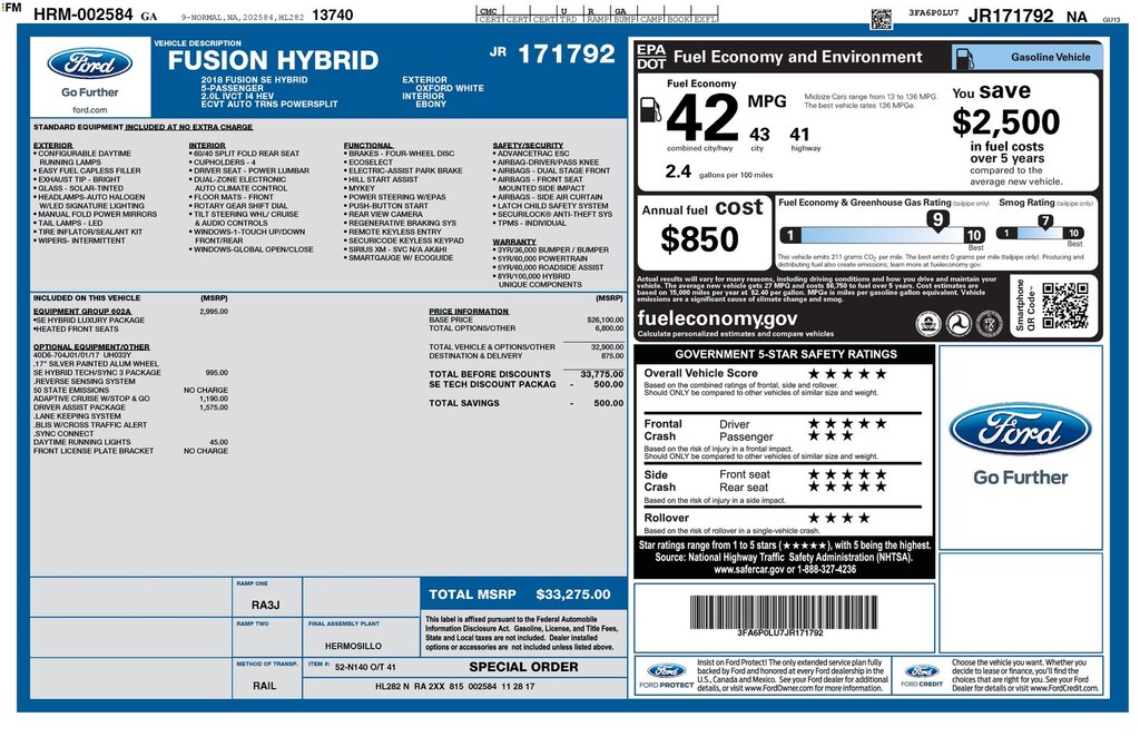 Used 2018 Ford Fusion Hybrid SE Sedan