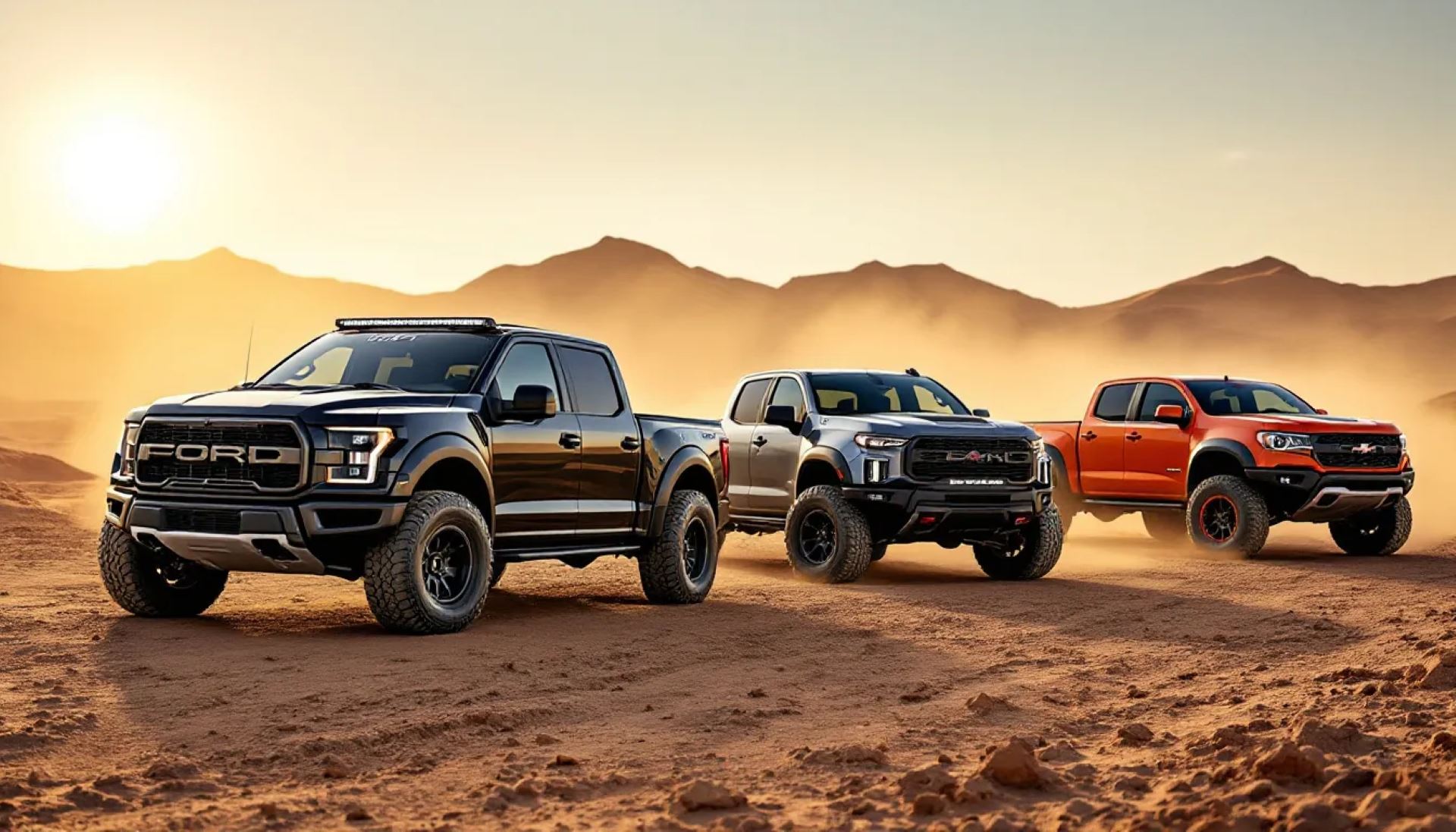 A selection of off-road trucks lined up, illustrating options for choosing the right off-road truck for work in Imperial Valley.
