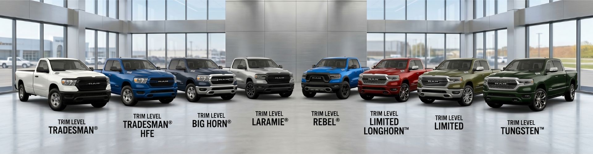 A panoramic showroom lineup showcasing all eight 2026 RAM 1500 trim levels in a row, clearly labeled from Tradesman on the left up to the flagship Tungsten on the right.