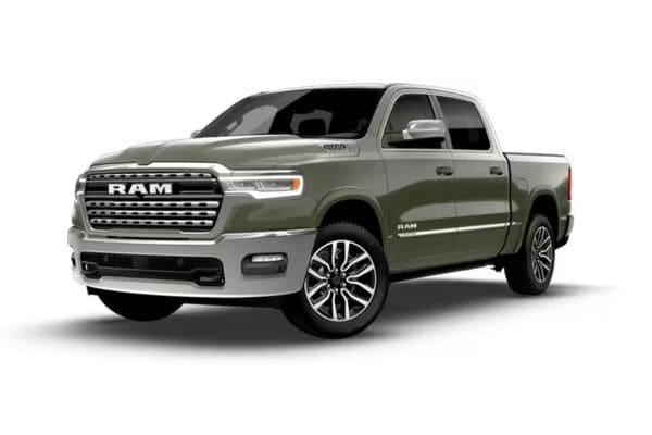 Front three-quarter view of an olive green 2026 RAM 1500 Limited executive luxury truck featuring premium chrome accents and large multi-spoke aluminum wheels.