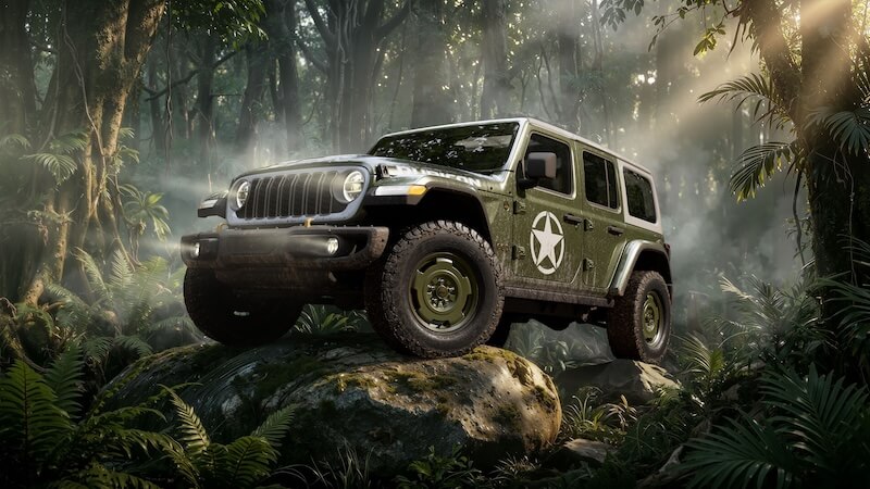 2027 Jeep Wrangler Sarge Edition in olive drab green climbing over rocks with military-inspired styling