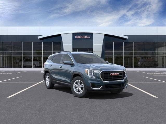 front 3/4 profile photo of a new GMC Terrain in blue ready to purchase on Wake Avenue in El Centro, CA