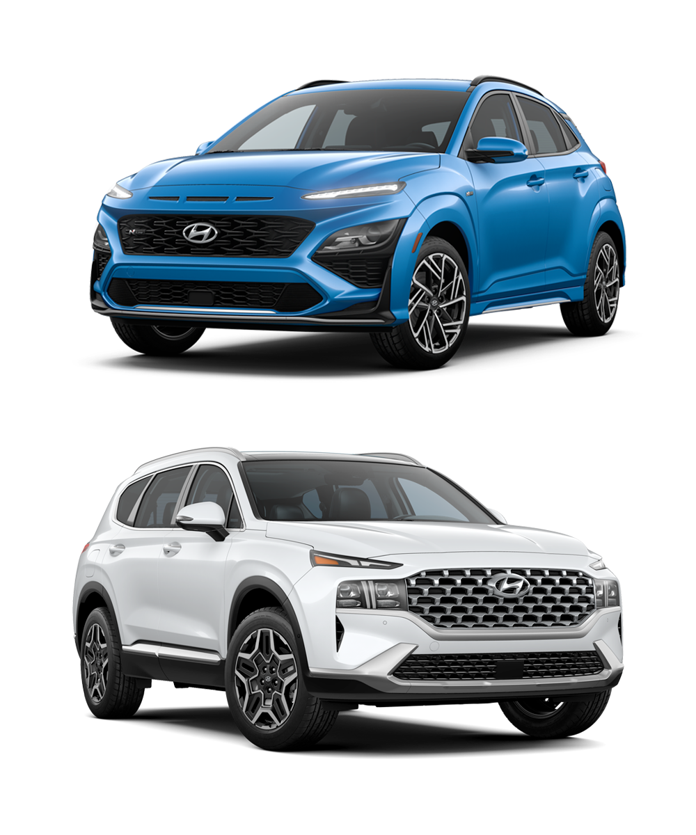 High Cost of Replacing a Car Key | Jack Giambalvo Hyundai | Wave Blue 2022 Hyundai Kiona N-Line and a White 2022 Hyundai Santa Fe PHEV LTD on a Clean White Background