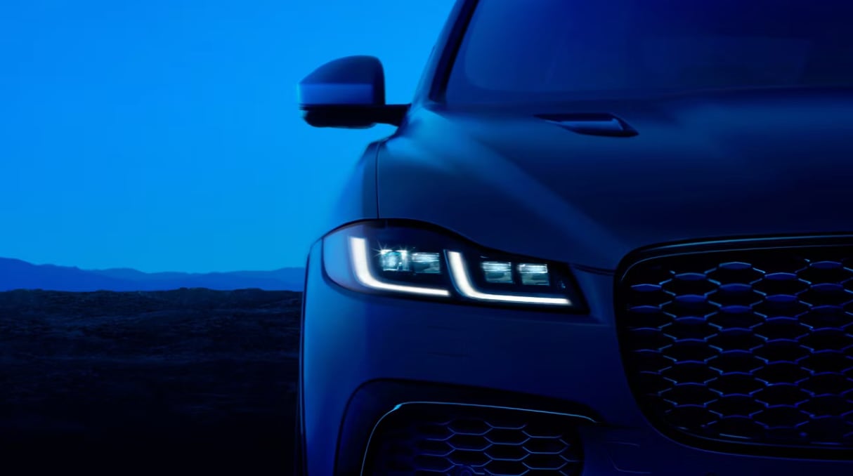 Up-close view of the Jaguar F-PACE SVR 575 Edition front grille and headlight