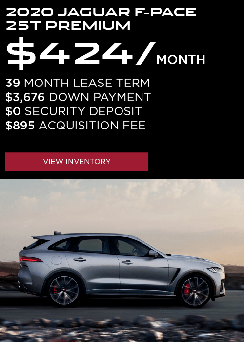 2020 JAGUAR F-PACE 25T PREMIUM. $424 PER MONTH. 39 MONTH LEASE TERM. $3,676 DOWN PAYMENT. $0 SECURITY DEPOSIT. $895 ACQUISITION FEE. VIEW INVENTORY. SILVER JAGUAR F-PACE DRIVING THROUGH DESERT.