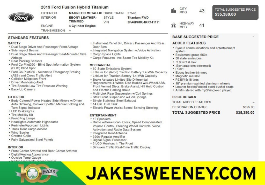 Used 2019 Ford Fusion Hybrid Titanium Sedan