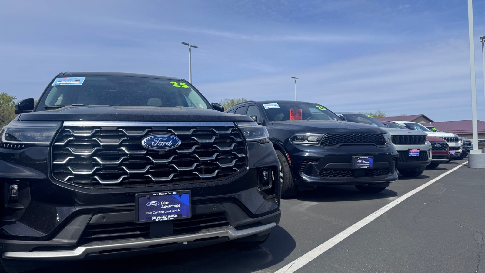 Used cars and trucks on the lot at Jay Malone Ford in Hutchinson, MN with Ford Blue dealer plate