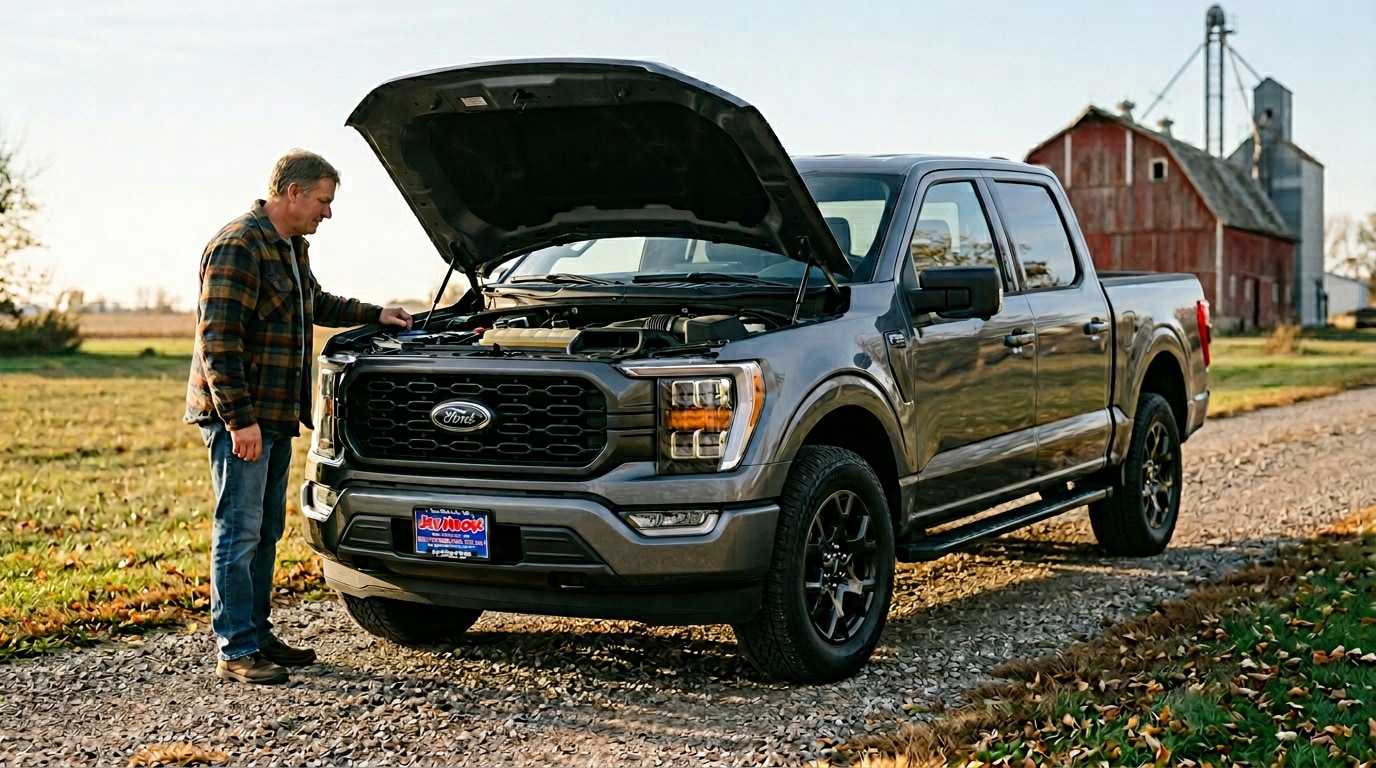 Ford F-150 owner checking under the hood in a Minnesota driveway &mdash; Jay Malone Ford service, all makes and models