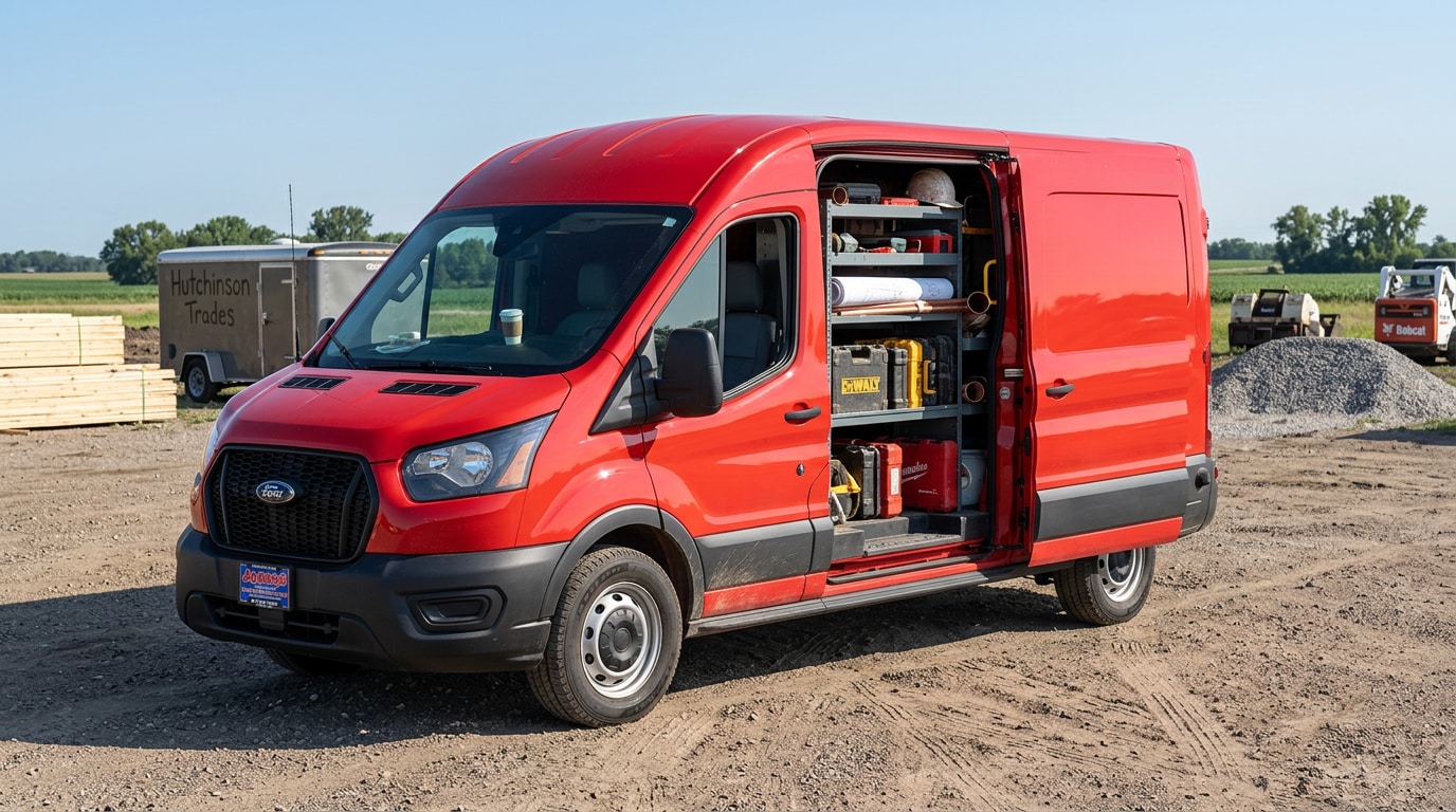 2026 Ford Transit with factory Trade Package upfit for electricians, HVAC contractors, and general contractors at Jay Malone Ford in Hutchinson, MN