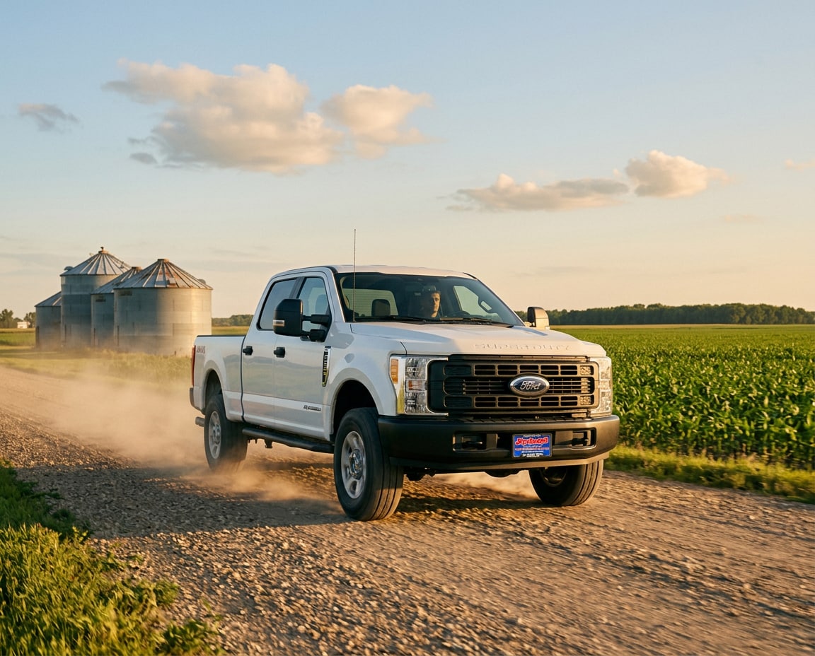 2027 Ford Super Duty driving on a gravel road in rural McLeod County, Minnesota with grain bins and a green cornfield
