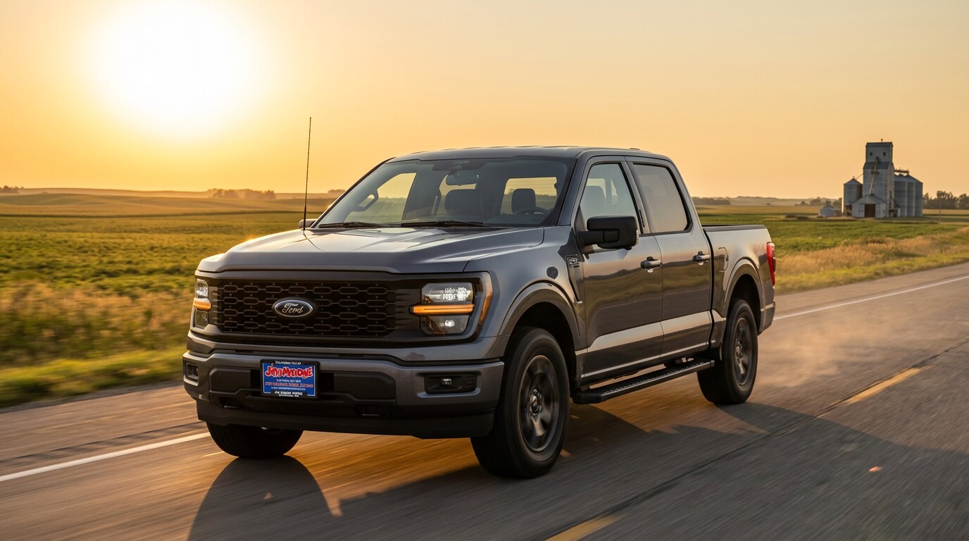 2026 Ford F-150 from Jay Malone Ford driving on a rural central Minnesota highway at golden hour — family-owned Ford dealer serving Glencoe, Litchfield, Waconia, Dassel, Willmar, and the 45-mile radius around Hutchinson, MN
