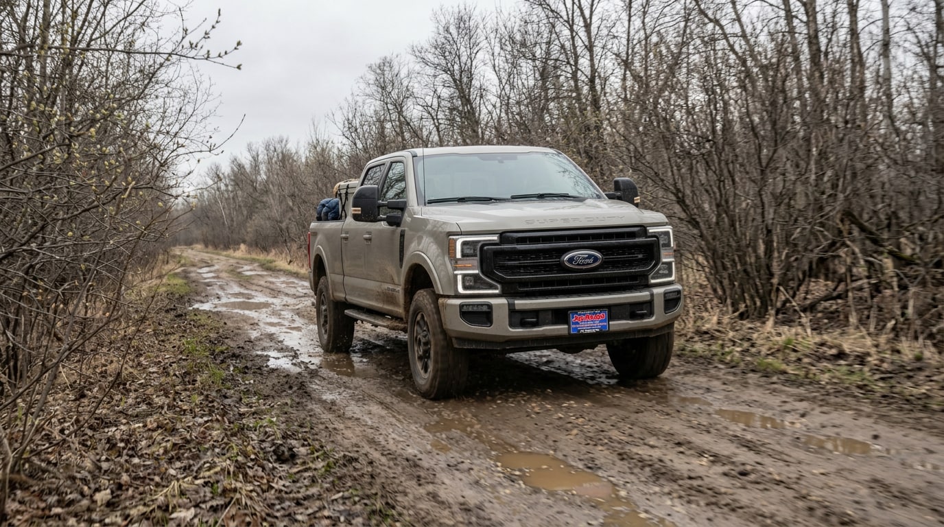 2027 Ford Super Duty Tremor driving a muddy rural two-track trail in central Minnesota, available to reserve at Jay Malone Ford in Hutchinson MN