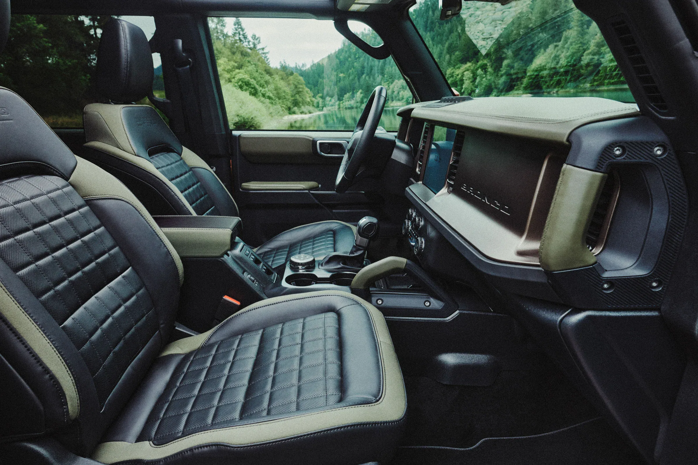 2027 Ford Bronco Filson interior with quilted leather seats, premium wrapped dash, and Filson-inspired details