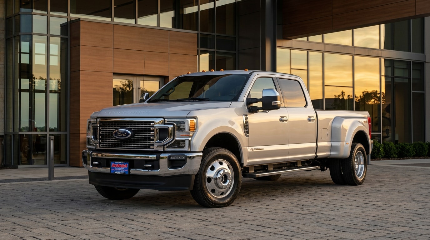 2027 Ford Super Duty Platinum parked at an upscale modern building entrance at golden hour, available to reserve at Jay Malone Ford in Hutchinson MN