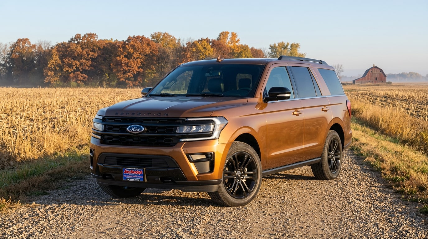 2027 Ford Expedition Platinum in Bronze Fire Metallic Tinted Clearcoat on a central Minnesota gravel road in autumn