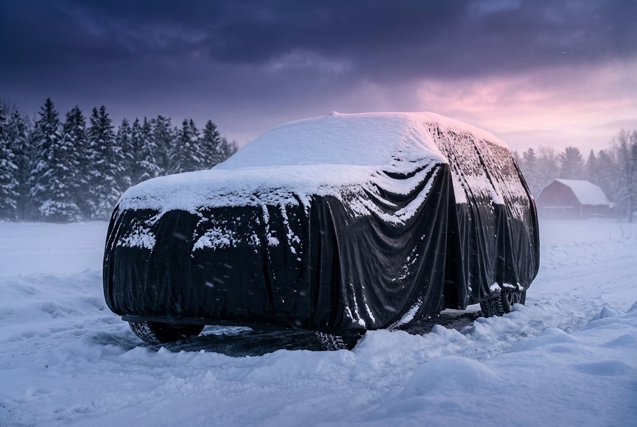 2027 Ford Expedition concept under a black cover at dawn after a Minnesota snowstorm