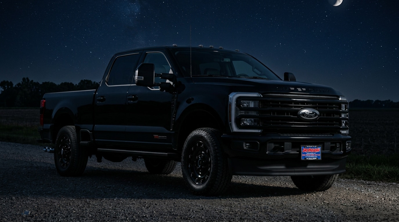 2027 Ford Super Duty Black Appearance Package parked on a rural Minnesota gravel road at night, available to reserve at Jay Malone Ford in Hutchinson MN