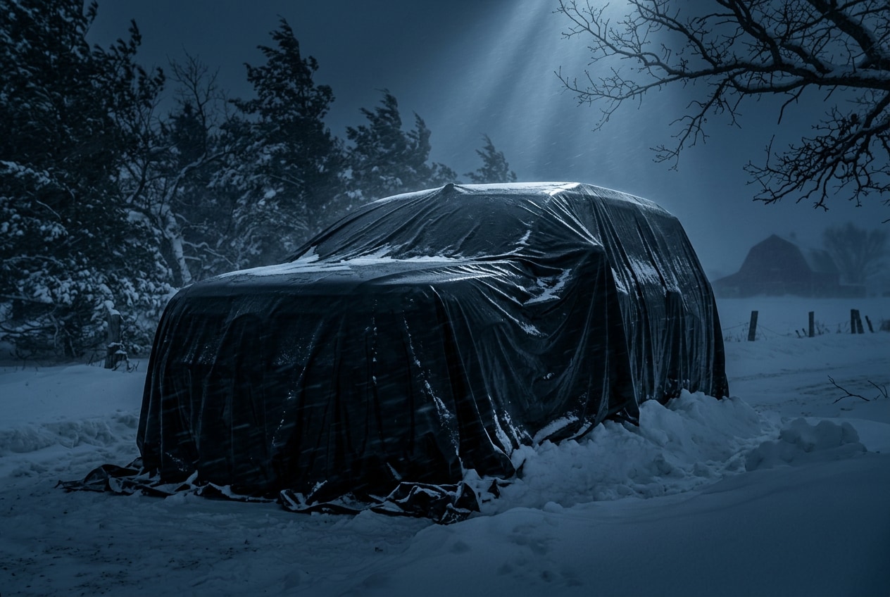 2027 Ford Expedition concept under a black cover in a Minnesota blizzard