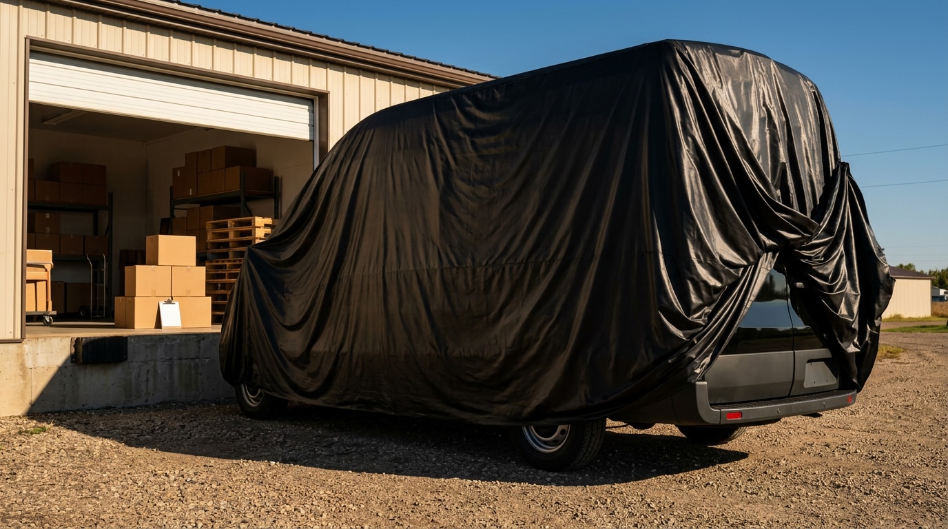 2027 Ford Transit cargo van concept under a cover at a loading dock — ready to work at Jay Malone Ford