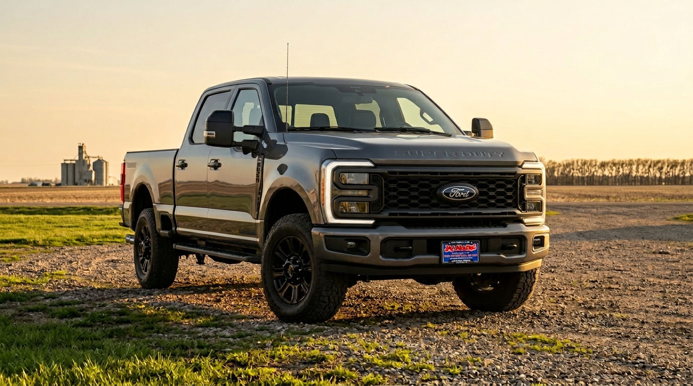 2027 Ford Super Duty parked at a central Minnesota farm at golden hour, available to reserve at Jay Malone Ford in Hutchinson MN
