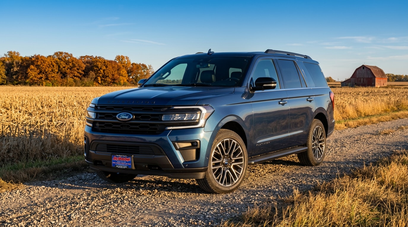 2027 Ford Expedition Platinum with 30th Anniversary Appearance Package in Blue Ember Metallic parked on a central Minnesota farm approach in autumn