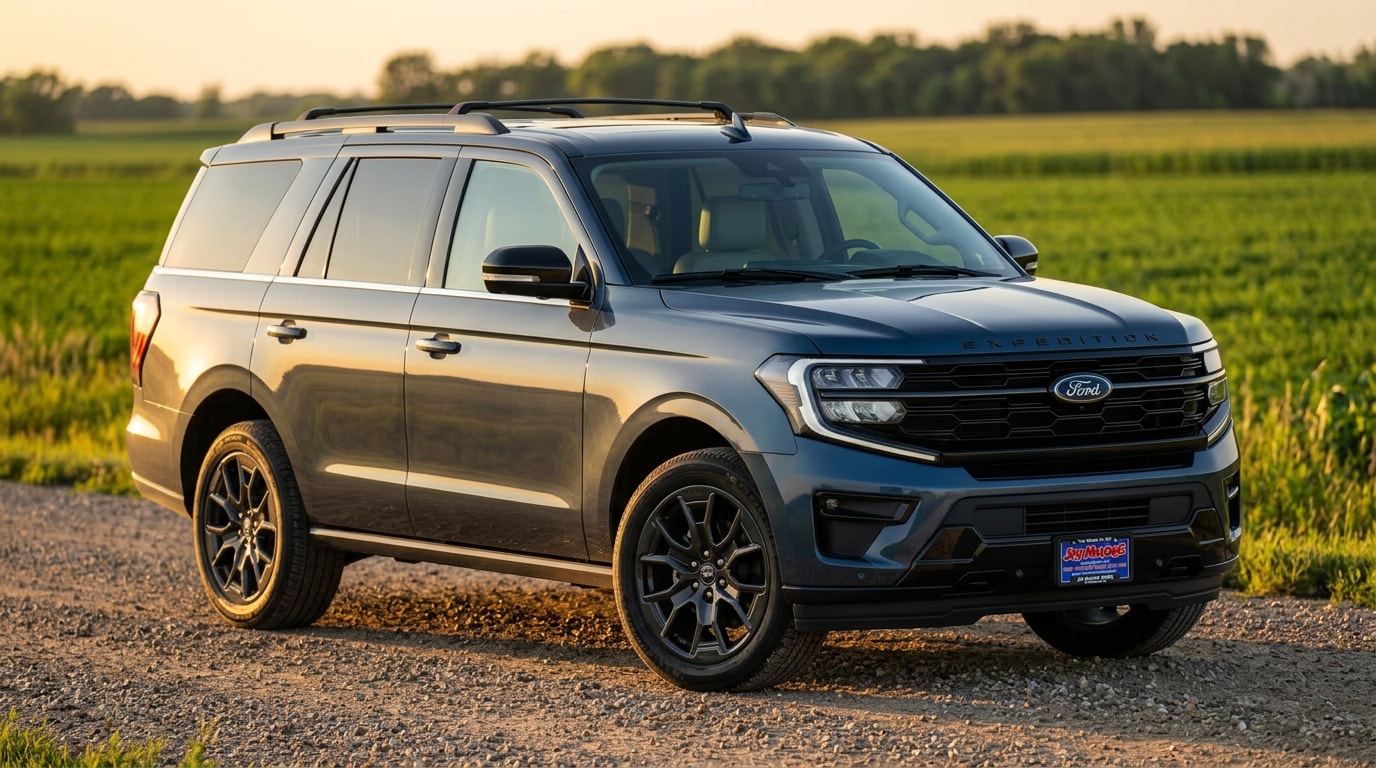 2027 Ford Expedition Platinum 30th Anniversary in Blue Ember Metallic on a Minnesota gravel road at golden hour