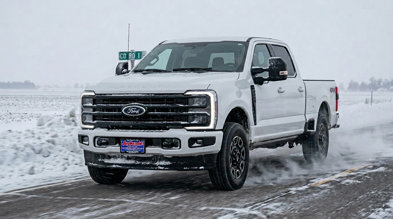 2026 Ford Super Duty in a Minnesota winter storm at Jay Malone Ford in Hutchinson, MN